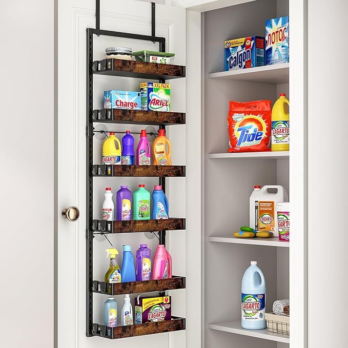 bukfen Over the Door Pantry Organizer, 6-Tier Adjustable Wooden Basket Kitchen Pantry Door Organization and Storage, Heavy-Duty Metal Hanging Kitchen Spice Rack,D6.3 x W17.71 x H50.60 inch,1 Pack-Ruum Studio Home