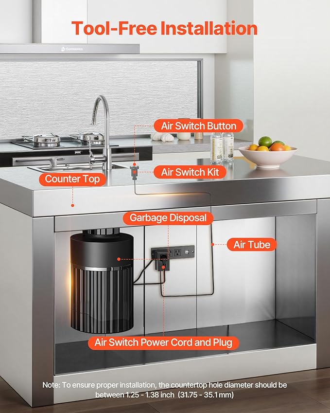 VEVOR Garbage Disposal Air Switch Kit, 2.5" Sink Top Air Switch for Food Waste Disposal, Brushed Silver Stainless Steel ON/OFF Air Button for Waste Disposer - Suitable for Stainless Steel Countertops-Ruum Studio Home