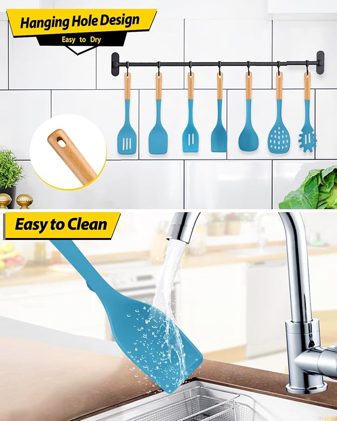 Silicone Kitchen Utensil Set for Non Stick Cookware, 7 Pcs Heat Resistant Cooking Utensils with Wooden Handle, BPA Free Kitchen Tools with Spatulas, Spoons, Skimmer and Pasta Fork (BLUE)-Ruum Studio Home
