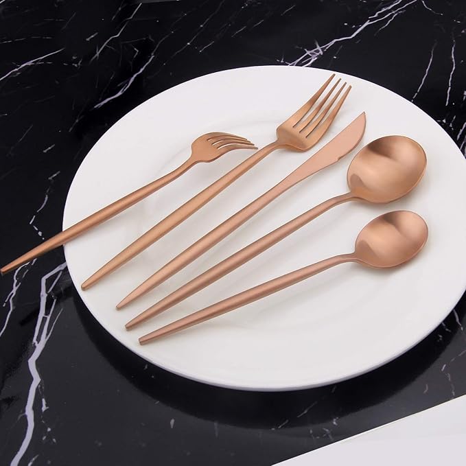 Matte Rosegold Silverware Set, Vanys 20 Piece Stainless Steel Cutlery Flatware Set, Kitchen Utensil Sets for 4, Tableware With Knife Spoons And Forks Set, Satin Finished Polished-Ruum Studio Home