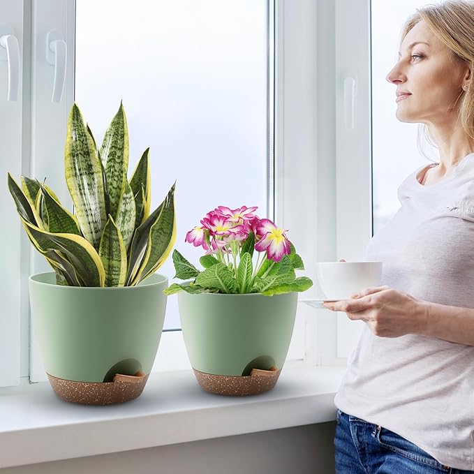 Plant Pots 12/10/9 Inch Self Watering Pots, Set of 3 Plastic Planters with Drainage Holes and Saucers,Plastic Flower Pots,Nursery Planting Pot for Indoor Out Door Plants(Green)-Ruum Studio Home