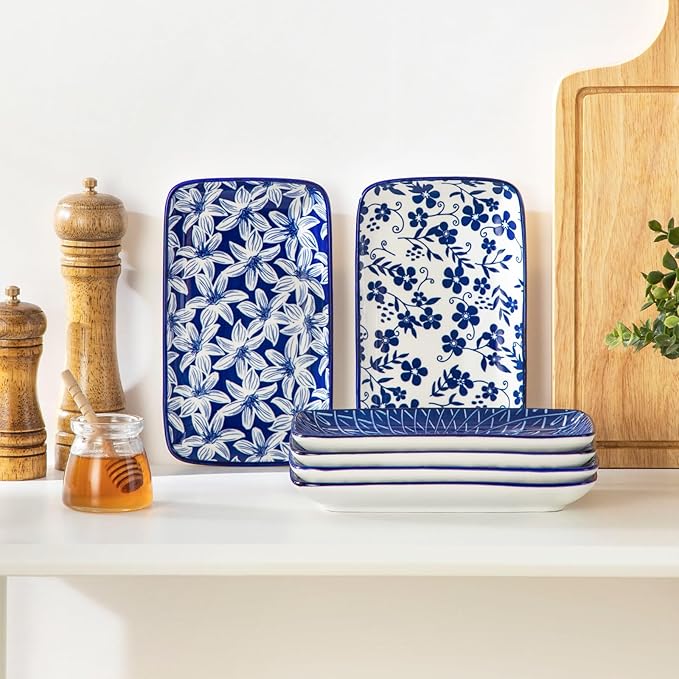vancasso Selene 8.5 Inch Rectangular Salad Plates Set of 6, Ceramic Salad Plates for Sushi, Dessert, Appetizer, Porcelain Platters for Kitchen Decor, Microwave & Oven Safe, Vintage Blue & White Color-Ruum Studio Home