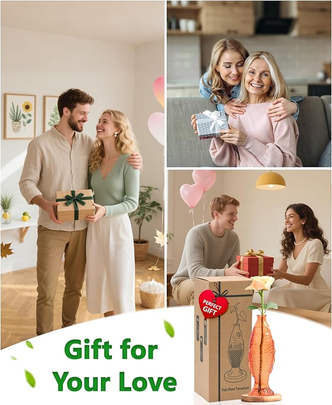 Nacome Fish Vase Glass Plant Terrarium with Wooden Stand,Planter Propagation Station for Home Office Hydroponics Desk Decoration,Unique Gardening Gifts for Plant Lovers Women Mom(Orange)-Ruum Studio Home