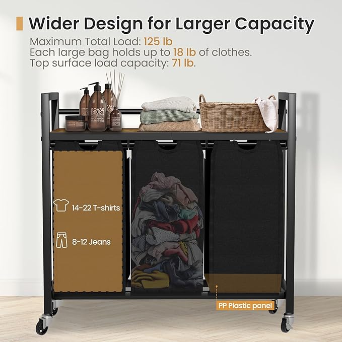 Laundry Hamper, Laundry Basket, Laundry Sorter with 3 Removable Bags, Clothes Basket with 3 Compartments, Wheels, Shelf for Laundry Room Bathroom Bedroom (3 Bags-Black)-Ruum Studio Home