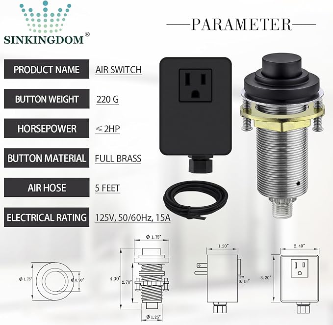 SinkTop Air Switch Kit (Long Full Brass Button) for Garbage Disposal, Cordless Matte Black-Ruum Studio Home