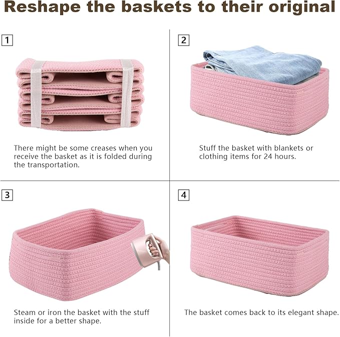3 Pack Small Storage Baskets for Organizing, Cute Woven Decorative Gift Baskets for Shelves, Mini Closet Organizer Bins with Handles, 11.81''Lx7.87''Wx4.72''H-Pink-Ruum Studio Home