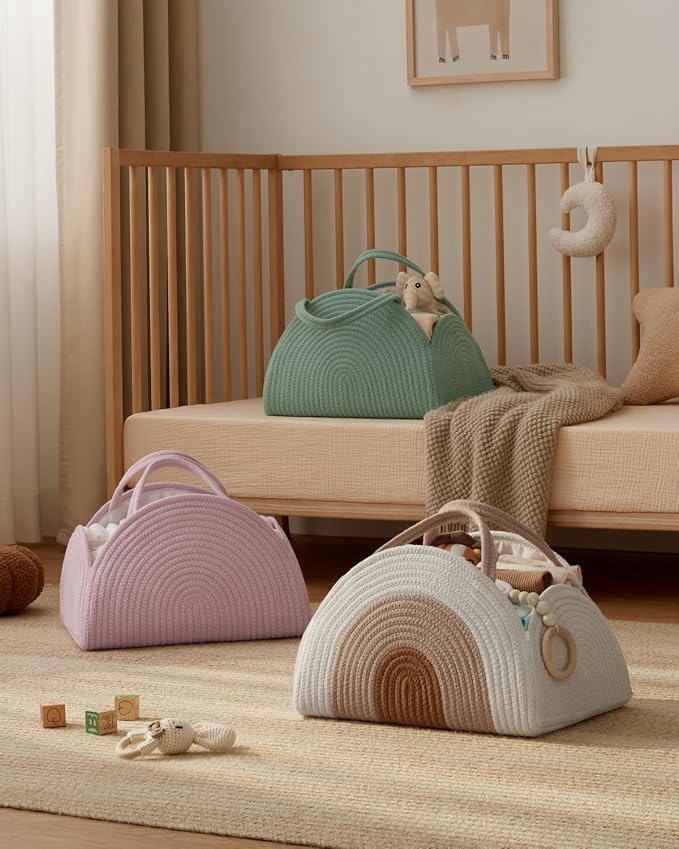 Blissful Diary Baby Diaper Caddy Organizer, Cotton Rope Diaper Caddy Basket, Large Storage Basket for Newborn Boys and Girls, Gift for Baby Shower List, Newborn Essentials, Earthy Rainbow-Ruum Studio Home
