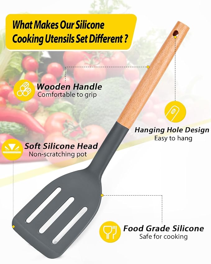 Pack of 4 Silicone Cooking Utensils Set, Non Stick Solid Spatulas and Heat Resistant Slotted Spoons with Wooden Handle, Ideal Wood Kitchen Utensils Set for Frying,Serving,Turning,Stirring (GRAY)-Ruum Studio Home
