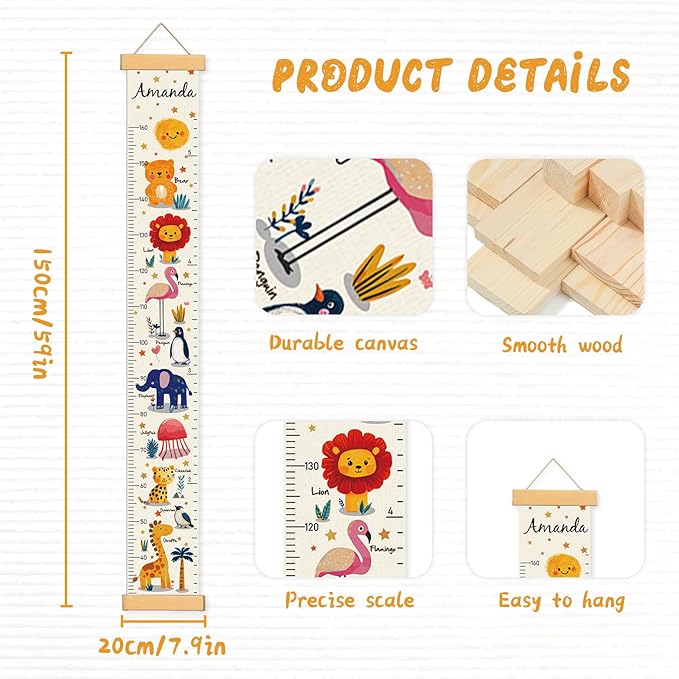 Personalized Name Growth Chart Wall Decor for Kids – Canvas Removable Height Chart Measuring Ruler 59" x 7.9" (Animals)-Ruum Studio Home