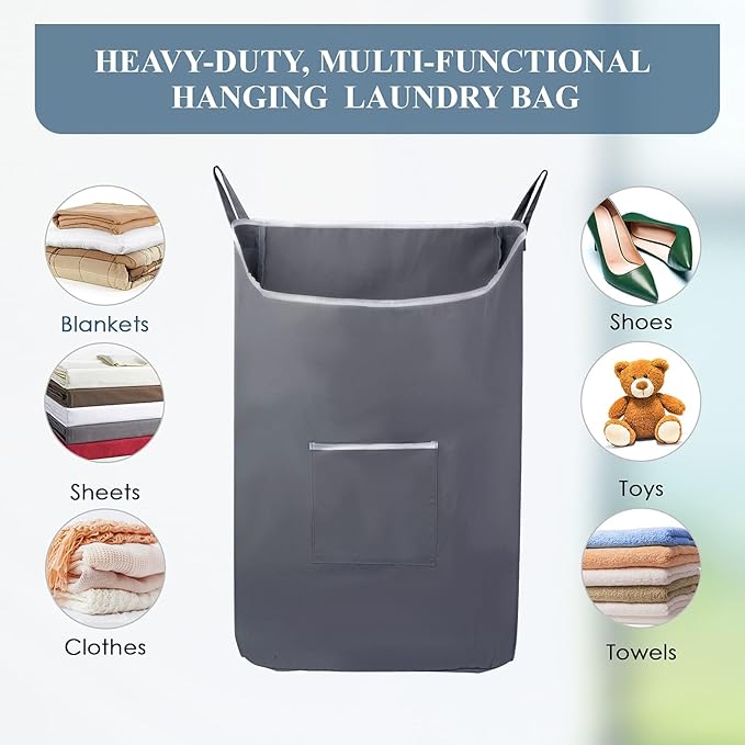 The Fine Living Co. X-Large Hanging Laundry Hamper with Over Door Hooks & Adhesive, Durable Space Saving Laundry Bag with Zipper and Wide Open Top,Hanging Dorm Laundry Hamper 20"x3.75"x31" (Gray-XL)-Ruum Studio Home