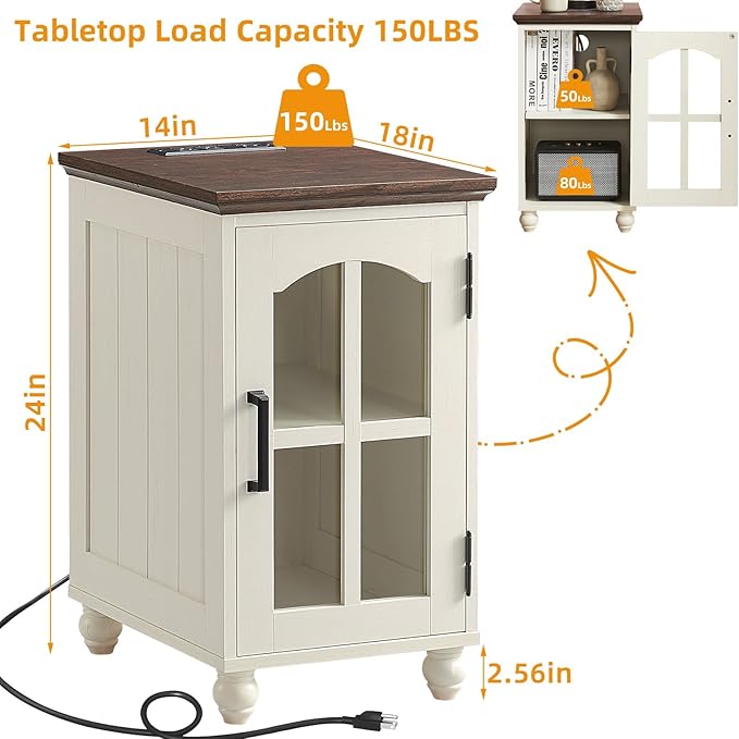 Narrow Side Table,Farmhouse Nightstand with Charging Station,Wood End Table with Glass Barn Door Storage, Cabinet Organizer with Adjustable Shelf, Night Stand for Small Spaces for Living Room Bedroom-Ruum Studio Home