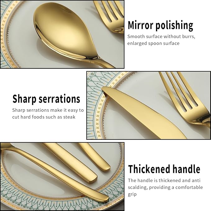 Berglander Gold Wedding Silverware Set 60pcs Service for 20, Titanium Plating Stainless Steel Flatware Set, Gold Spoons Forks Knives Set for Home, Wedding, Restaurant, Dishwasher Safe-Ruum Studio Home