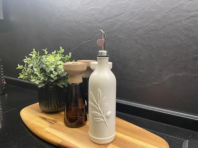 20 Oz Ceramic Olive Oil Dispenser Bottle, with Stainless Steel Spout & Funnel, Ideal for Oil, Vinegar, Coffee Syrup & Liquids (White)-Ruum Studio Home