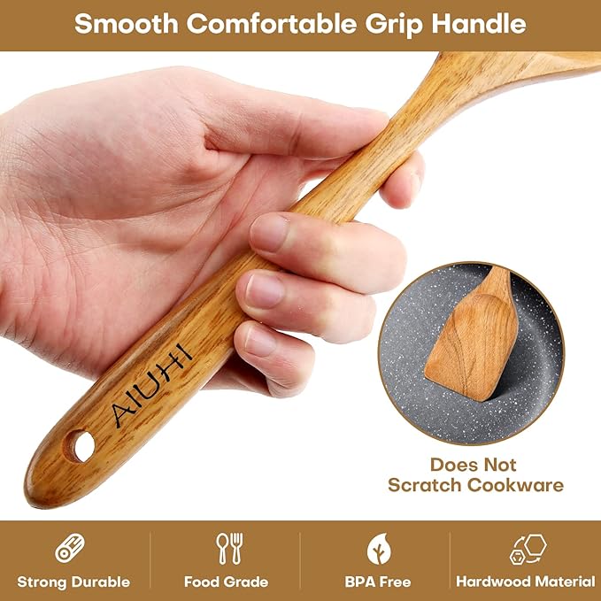 AIUHI Wood Spoons for Cooking, Nonstick Kitchen Utensil Set, Wooden Spoons Cooking Utensil Set Non Scratch Natural Teak Wooden Utensils for Cooking (Teak 8 Pack)-Ruum Studio Home