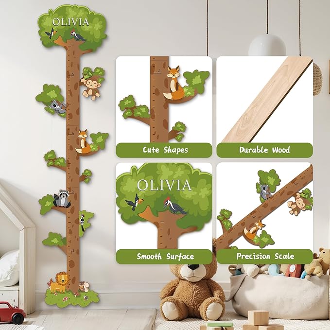 Wooden Surfboard Wall Decor Growth Chart,Tree Art Decor for Kids Room, Wood Tree Kids Sizing Chart, Height Board Cute Decor, Nursery Growth Chart Ruler Measuring Board for Boys Girls-Ruum Studio Home