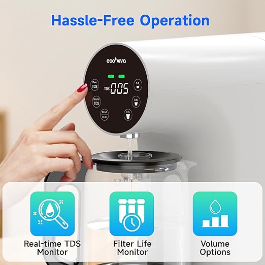 Ecoviva Countertop Reverse Osmosis Water Filter, 6 Stage RO Water Filtration System with Glass Carafe, TDS Displayr, 3:1 Pure to Drain, Portable No Installation Water Purifier White-Ruum Studio Home