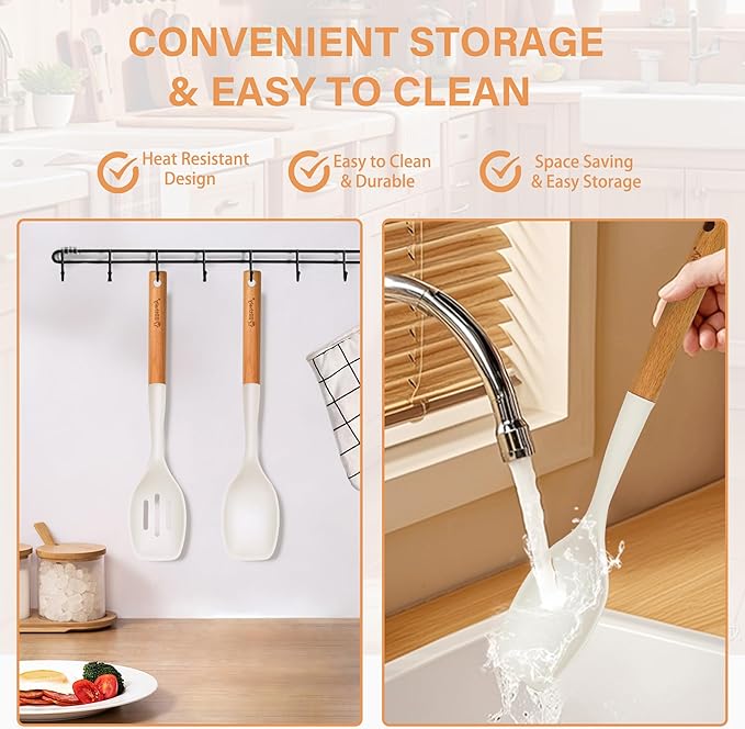 Large Silicone Cooking Spoon Set, 2 Pack Solid Slotted Spoon with Wooden Handle, Nonstick Silicone Kitchen Spoons for Cooking, Heat Resistan Spatula Set for Serving, Basting, Mixing (White)-Ruum Studio Home