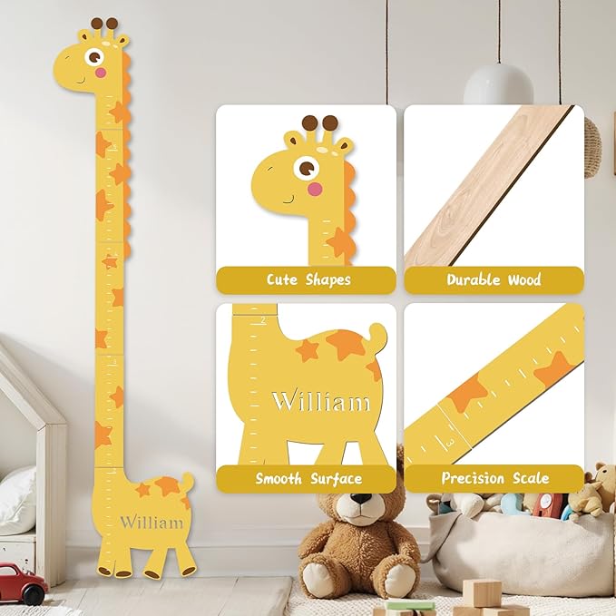 Personalized Name Growth Chart for Kids, Giraffe Height Chart for Boy Girls, Measuring Board for Kids Height, Patchwork Wooden Height Chart Measuring Board, Nursery Growth Chart Ruler-Ruum Studio Home