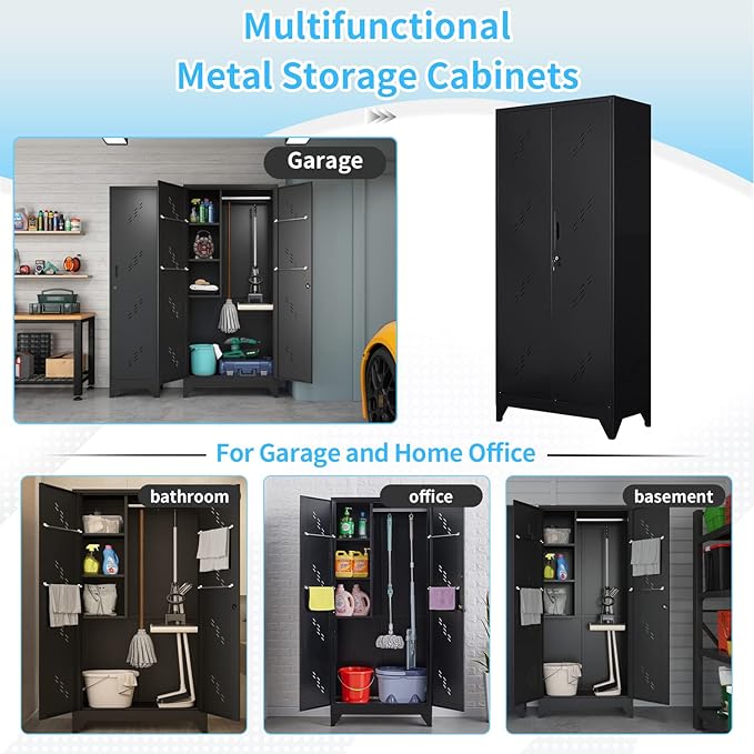 75" Metal Storage Cabinet, Tool Cabinets with Hooks, Garage Storage Cabinet with Lock, Heavy-Duty Tool Cabinet for Utility Room, Gym, Basement, Broom Closet Cabinet, Black-Ruum Studio Home