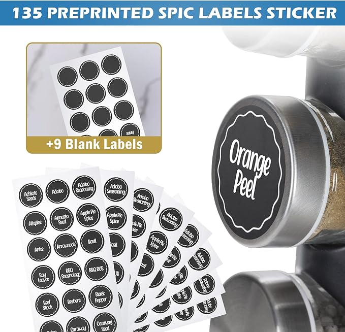 Black Countertop Rotating Spice Rack, 16-Jars Revolving Spice Rack Organizer Tower, 135 Spice Labels with Funnel Complete Set, Seasoning Organizer for Kitchen Countertop, Cabinet-Ruum Studio Home