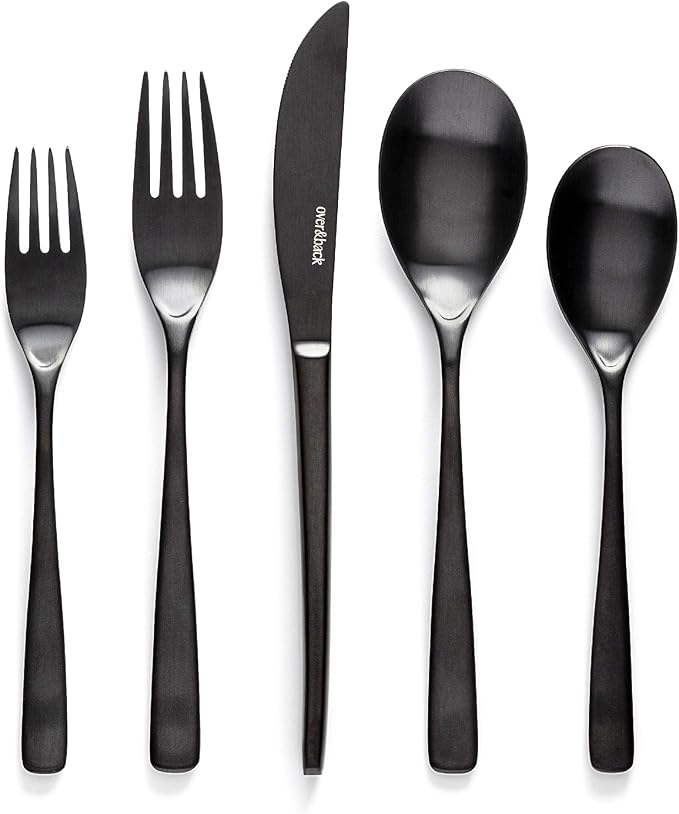 over&back 20pc Curved Flatware Cutlery Set - Comes with 4 Dinner Forks, 4 Salad Forks, 4 Dinner Knives, 4 Dinner Spoons, and 4 Teaspoons - 18/8 Stainless Steel - Dishwasher-Safe - Matte Black-Ruum Studio Home
