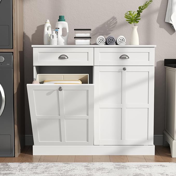 Loomie Double Tilt Out Laundry Hamper Cabinet, Hidden Laundry Cabinet with 2 Drawers & 2 Baskets, 30 Gallon Trash Can for Bathroom, Kitchen, White-Ruum Studio Home
