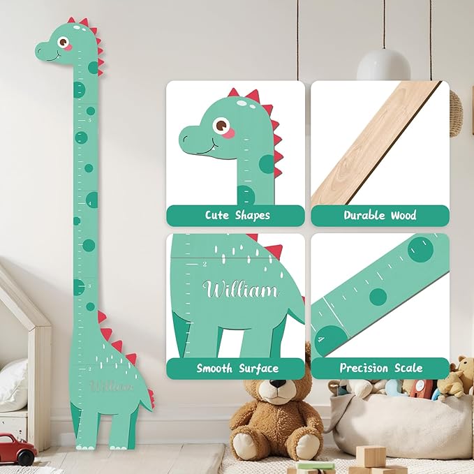 Personalized Name Growth Chart, Dinosaur Wooden Height Chart, Thick Height Measuring Board, Kids Height Tracker for Nursery Decor, Baby Boy Girl Measurement Ruler, Growth Charts Ruler-Ruum Studio Home