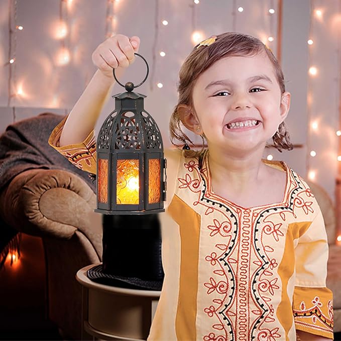 NEEDOMO Set of 4 Moroccan Candle Lantern, 9" Ramadan Lanterns Decorative Indoor Outdoor, Vintage Candle Holder for Chritsmas, Halloween, Table, Patio, Porch, Shelf, Ramadan Decorations (Amber)-Ruum Studio Home