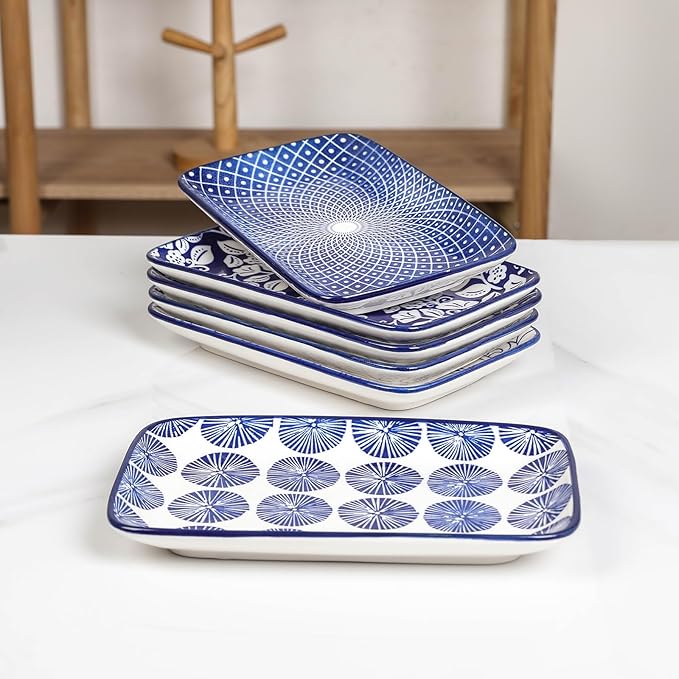 Selamica Ceramic Rectangular Salad Plates Set, Dinner Plate 9.4 Inch Dessert Plates for Party Entertaining, Small Serving Plates for Appetizers, Sushi, Fruit, Set of 4, Vintage Blue-Ruum Studio Home