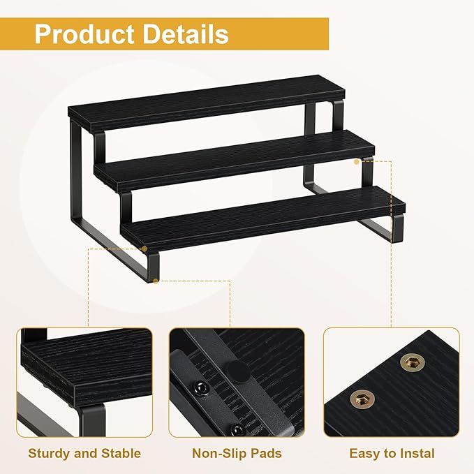 Giikin 3 Tier Spice Rack, Cabinet Organizer Shelf, Wooden Spice Rack for Countertop, Kitchen Counter Storage Shelves Cupcake Stand Holder Display Stand, Black-Ruum Studio Home