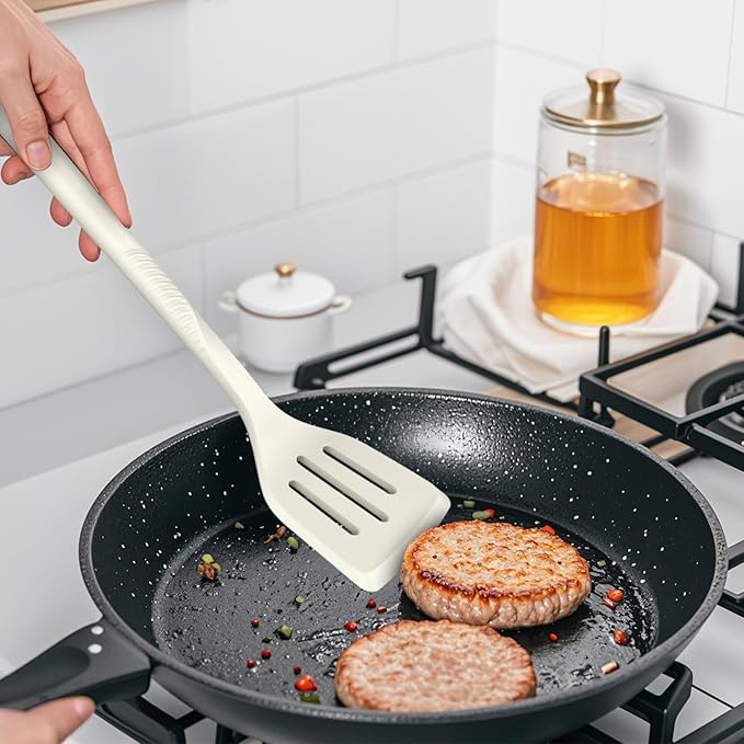Silicone Cooking Utensils Set - 600°F Heat Resistant, Nonstick Kitchen Utensil Set with Spatulas, Spoons, Whisk, Tongs, BPA Free, Dishwasher Safe, Cream White-Ruum Studio Home
