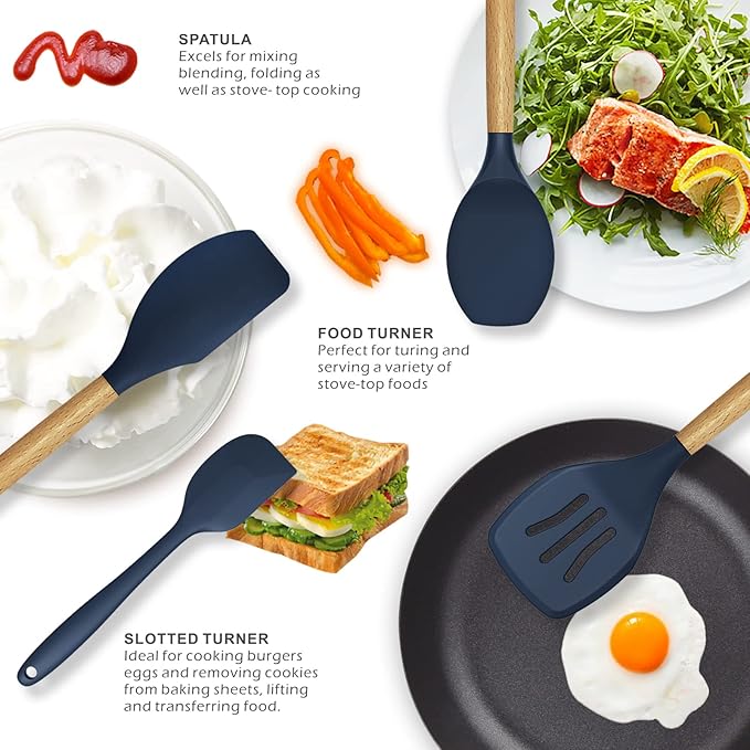 Silicone Cooking Utensils Set - 446°F Heat Resistant Silicone Kitchen Utensils for Cooking,Kitchen Utensil Spatula Set w Wooden Handles and Holder, BPA FREE Gadgets for Non-Stick Cookware (Navy Blue)-Ruum Studio Home