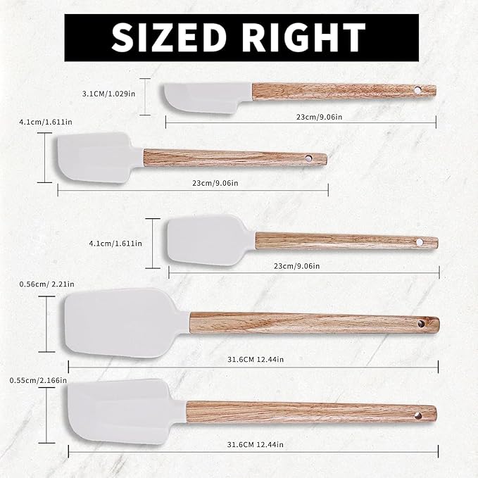 Ptanexx Wooden Handle Silicone Spatula Set 5 Piece, Batter Mixing Spatula, Spatula for Cooking, Jars, Baking, Mixing, Frosting-Ruum Studio Home