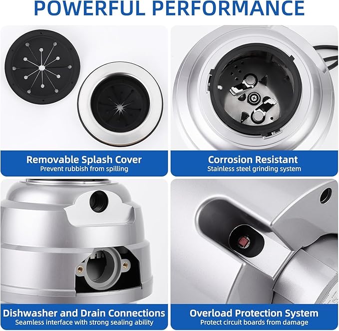 Powerful 1HP Stainless Steel Garbage Disposer, Dishwasher-Friendly and Continuous Feeding Waste Disposer, Grinding Material Four-Stage Grinding, Silver-Ruum Studio Home