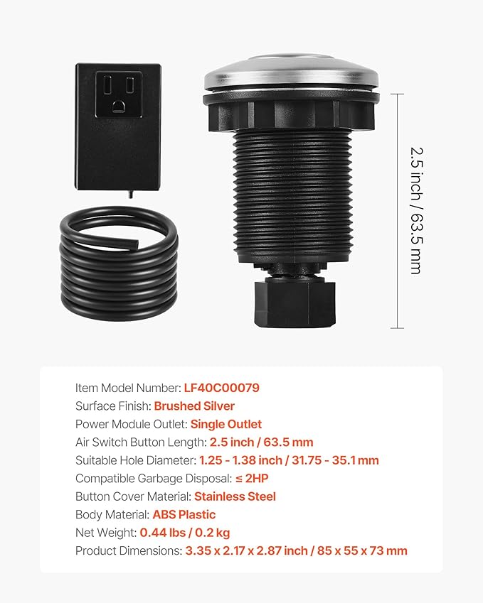 VEVOR Garbage Disposal Air Switch Kit, 2.5" Sink Top Air Switch for Food Waste Disposal, Brushed Silver Stainless Steel ON/OFF Air Button for Waste Disposer - Suitable for Stainless Steel Countertops-Ruum Studio Home