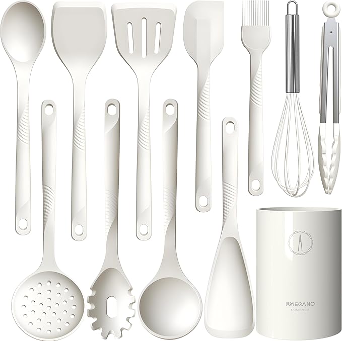 Silicone Cooking Utensils Set - 600°F Heat Resistant, Nonstick Kitchen Utensil Set with Spatulas, Spoons, Whisk, Tongs, BPA Free, Dishwasher Safe, Cream White-Ruum Studio Home