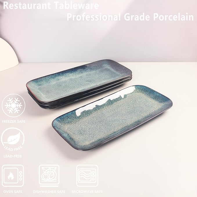 Serving Platters Set of 4, Rectangular Serving Plates, Serving Trays for Entertaining Party, Microwave,Oven,Dishwasher Safe,Kitchen Dinnerware, Blue reactive glaze 12.7 Inch-Ruum Studio Home