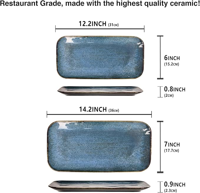 Porcelain Dinner Plates Blue 2 PCS, Serving platters for entertaining, for Fruit, cheese, snack, Bread, cupcake, Salad - Scratch Resistant durable, Microwave, Dishwasher Safe-Ruum Studio Home