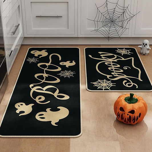 Halloween Kitchen Mat Set of 2, Spooky Spider Web Ghosts Boo Halloween Decor, Halloween Rug for Floor, Indoor Home Decor with Non-Slip Backing,17 x 29 Inch & 17 x 47 Inch-Ruum Studio Home