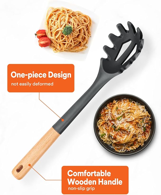 Silicone Pasta Fork, Kitchen Heat Resistant Noodle Spoon Server, BPA Free Spaghetti Strainer,12.8 inch (Grey)-Ruum Studio Home