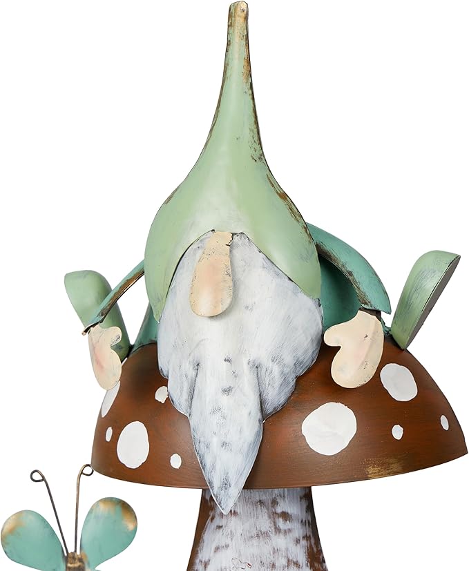 Alpine Corporation - Metal Gnome with Mushroom – 20" Tall Durable Iron Garden Statue, Whimsical Outdoor Décor for Patio, Lawn, Yard (Multicolor)-Ruum Studio Home