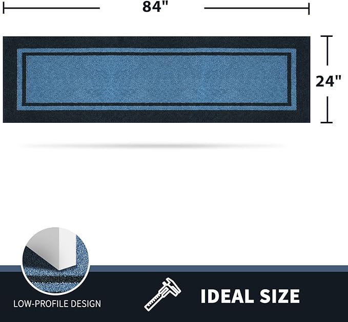 PURRUGS Dirt Trapping Door Mat 24" x 84", Non-Slip/Skid Machine Washable Entryway Rug, Shoes Scraper, Area Rug, Super Absorbent Welcome Mat for Muddy Wet Shoes and Paws, Light Blue & Navy-Ruum Studio Home
