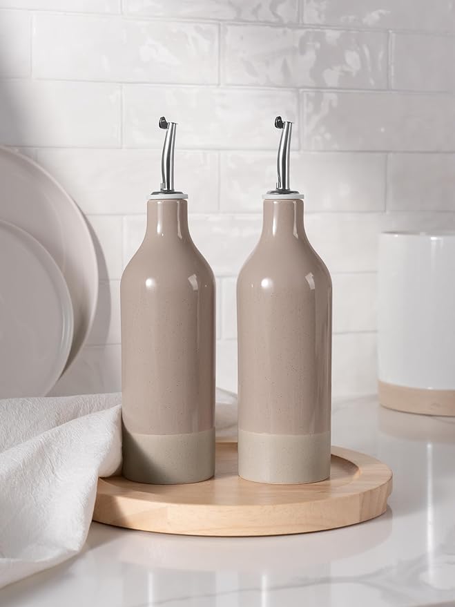 famiware Milkyway 16oz Ceramic Olive Oil Dispenser Bottle, Olive Oil and Vinegar Dispenser Bottle Set of 2 with Stainless Steel Pourers, Suitable for Storage Vinegar, Liquids, Cinnamon Brown-Ruum Studio Home