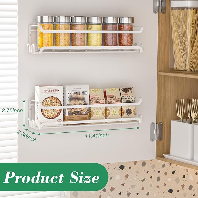 LUCYCAZ 8 Pack Wall Mounted Spice Rack with 16 Hooks, Spice Organizer Shelf for Stove Cabinet Pantry Door,Screw or Adhesive Spice Shelf Hanging Wall Spice Rack in Kitchen and RV (White, 8 PACK)