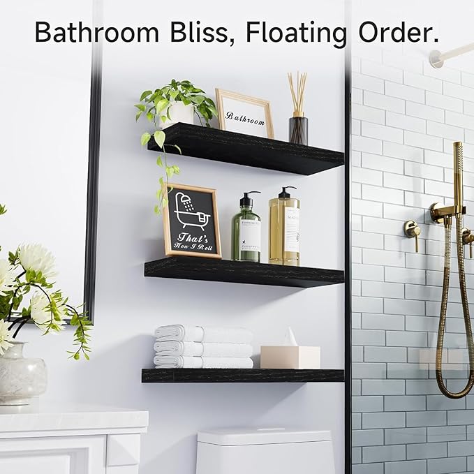 BAYKA Floating Shelves for Wall, Wall Mounted Rustic Wood Shelves for Bathroom, Bedroom, Living Room, Kitchen, Hanging Shelf for Books/Storage/Room Decor with 22lbs Capacity (Black, Set of 3, 15.7in)-Ruum Studio Home