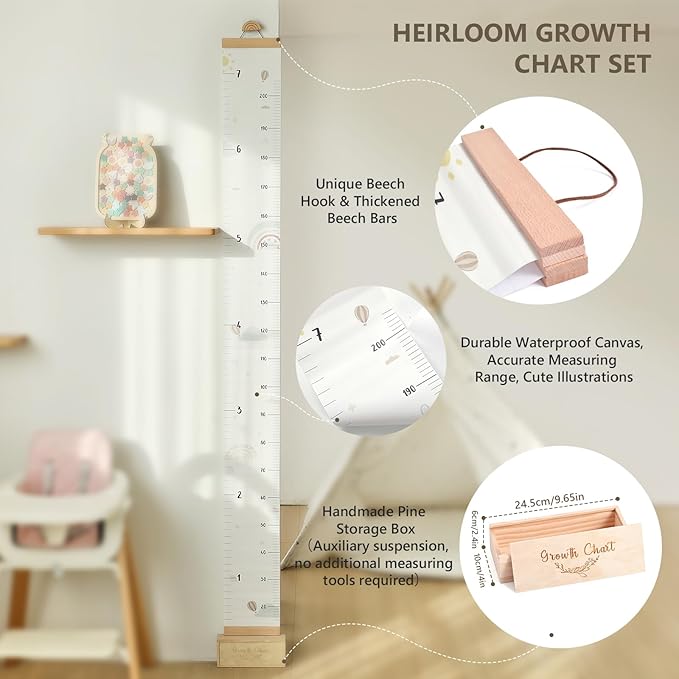 Growth Chart for Wall 7 Ft Height Chart with Keepsake Box & Hook Waterproof Canvas Measure Wall Ruler Removable Neutral Nursery Wall Decor for Baby Kids Toddlers-Ruum Studio Home