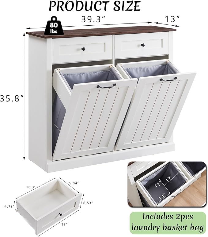 Double Tilt Out Laundry Hamper Cabinet, 20 Gallon Farmhouse Trash Can Cabinet with Drawer, Hidden Wood Garbage Can Bin Cabinets with Laundry Storage Basket for Bathroom, Kitchen (Antique White)-Ruum Studio Home