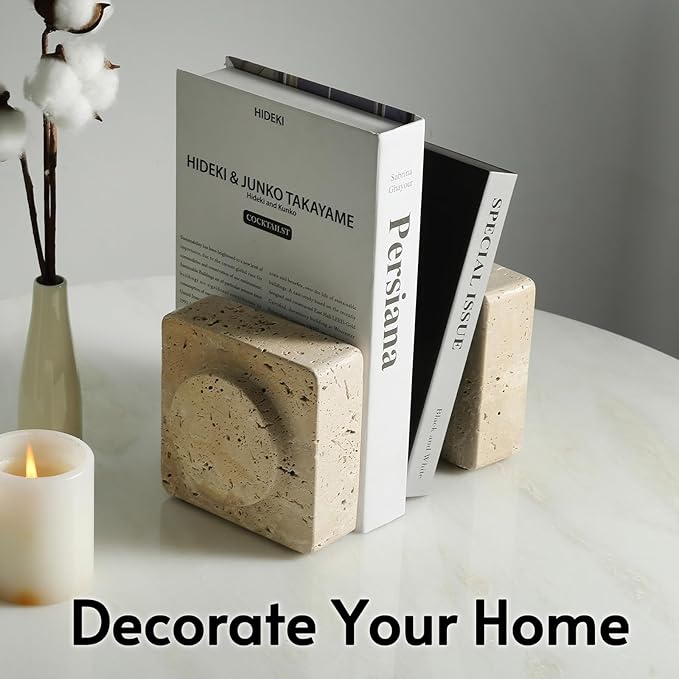 Koville Marble Square Book Ends, Heavy Duty Book Holders, Bookends for Shelves, Office Bookshelf Decor for CDs/Video Games(Travertino Romano)-Ruum Studio Home