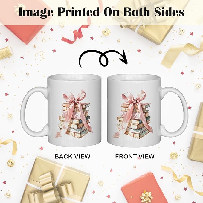 JINYO Coquette Pink Bow Books Mug, Book Coffee Cup, Reading Mugs for Book Lovers, Gifts for Readers Books Lovers Women, Bookish Bookworm Gifts for Women, Ceramic Coffee Tea Mug 11 oz-Ruum Studio Home