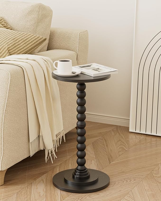 Masupu Round Side Table, Small End Table for Small Spaces, Pedestal Drink Table with Solid Wood Leg for Living Room, Bedroom, Corners(Black)-Ruum Studio Home